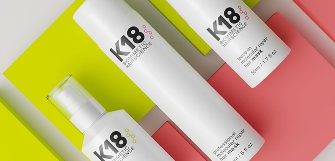 The header image shows K18 hair products.