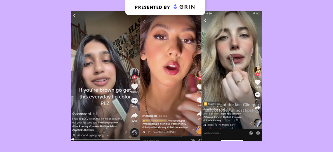 The header image shows a collage of three TikTok screenshots of women using Clinique lipstick.