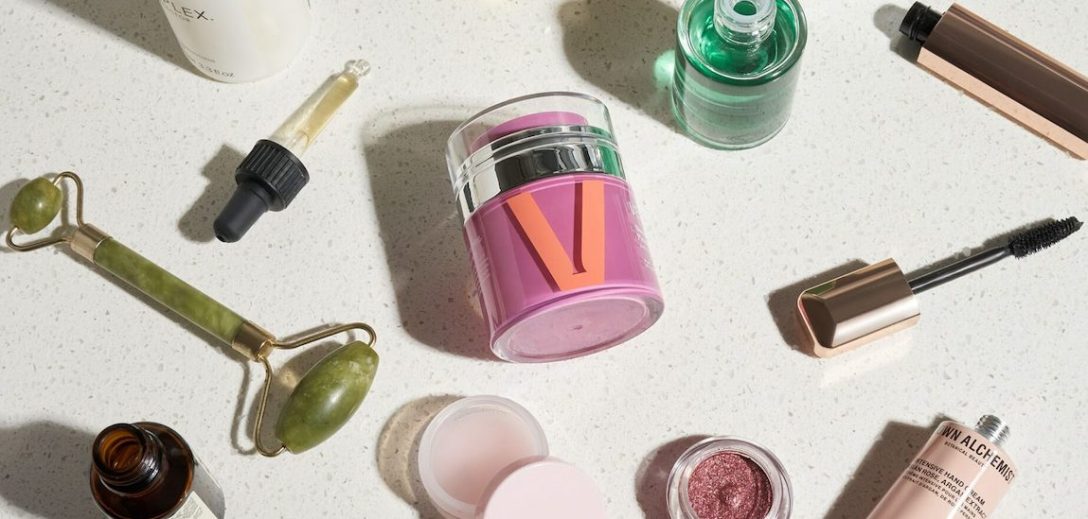 The lead image shows a flatlay of various beauty products.