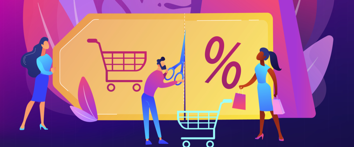 Two women holding up a price tag with a shopping cart and percent sign on it while a man with scissors cuts it in half.