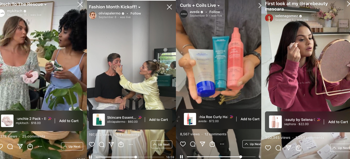 Screenshots from Instagram livestream shopping.