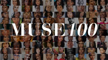 Photograph of a collage of headshots with the words "Muse 100" in the center.