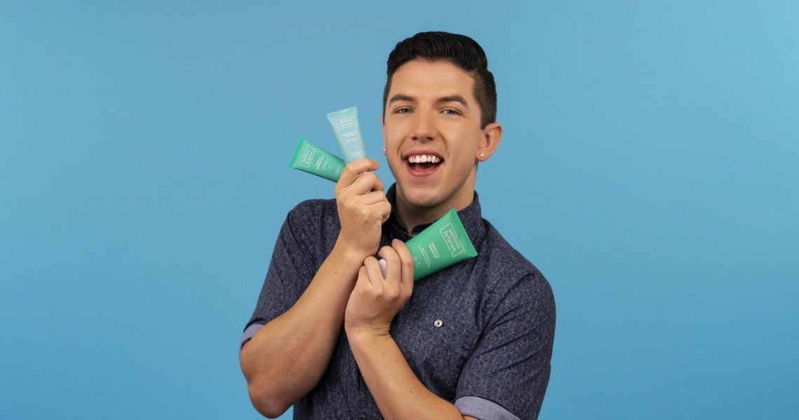 The lead image shows Hyram Yarbro holding skincare products.