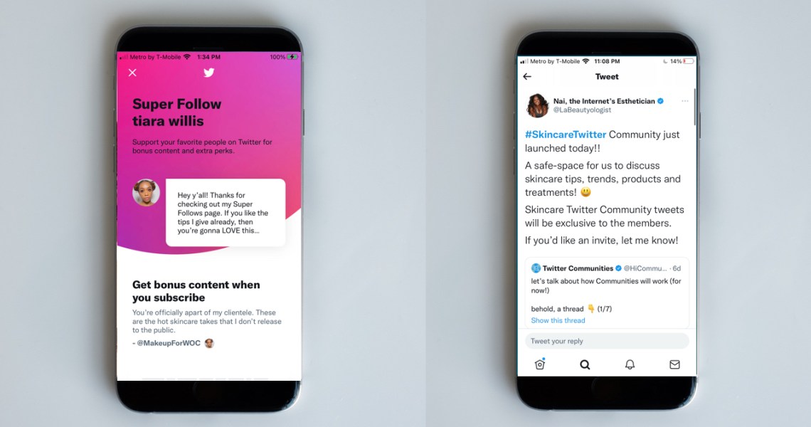 Two screenshots of Twitter's new communities and super follows features.