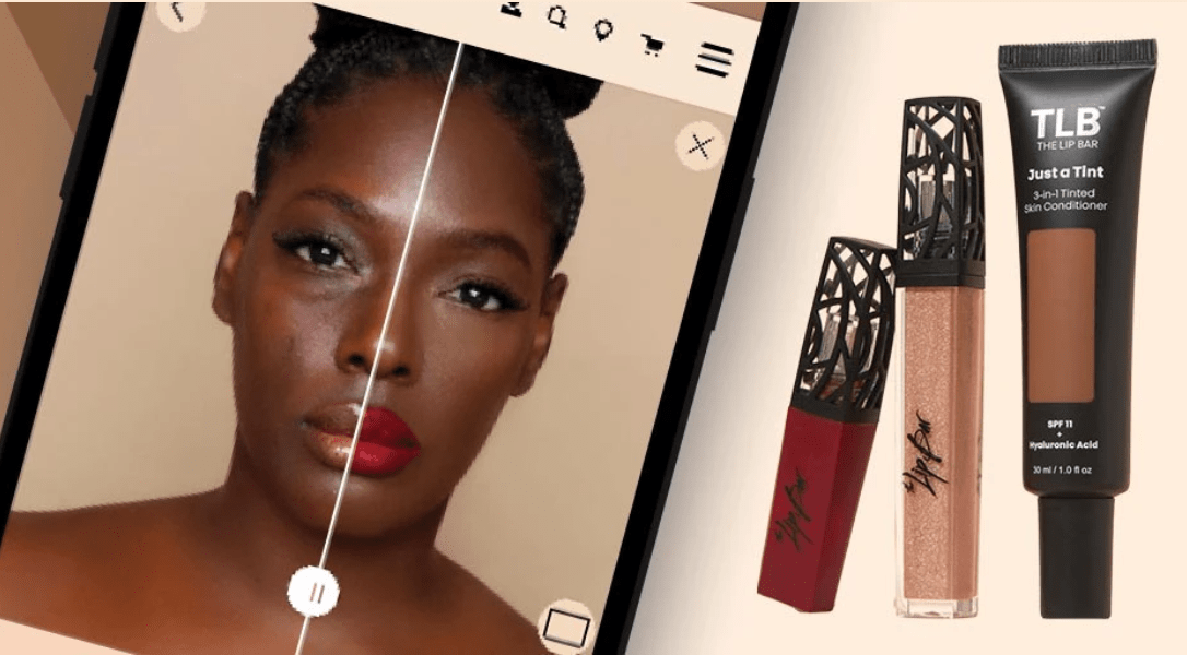 Photograph of someone using AR to try on makeup.