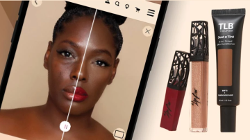 Photograph of someone using AR to try on makeup.