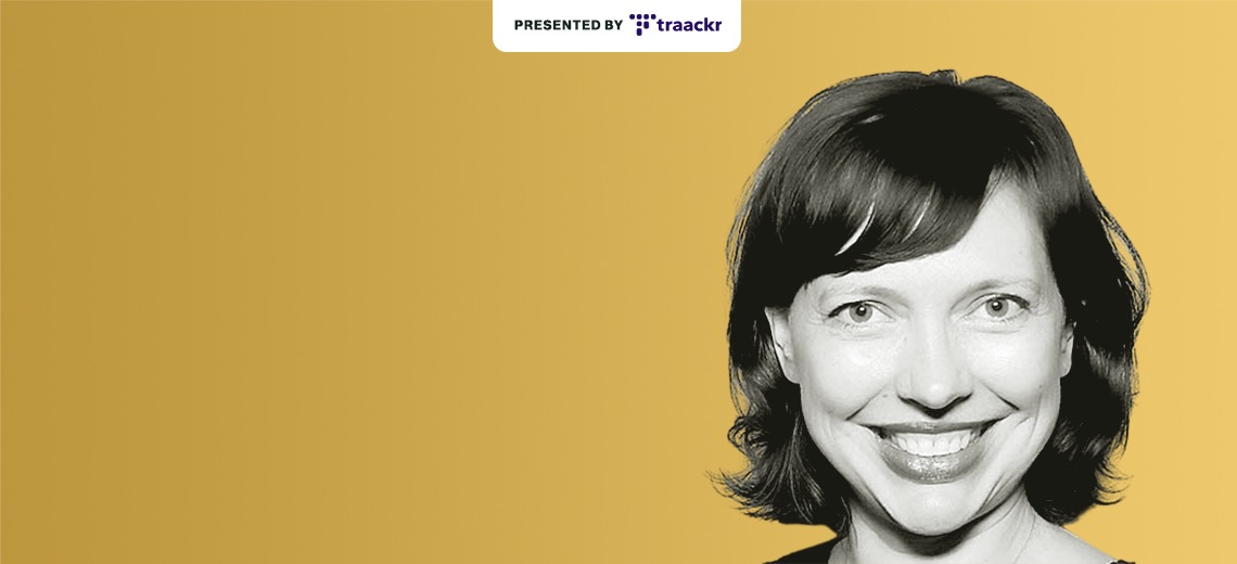 Carolyn Bojanowski of Sephora in black and white with yellow background