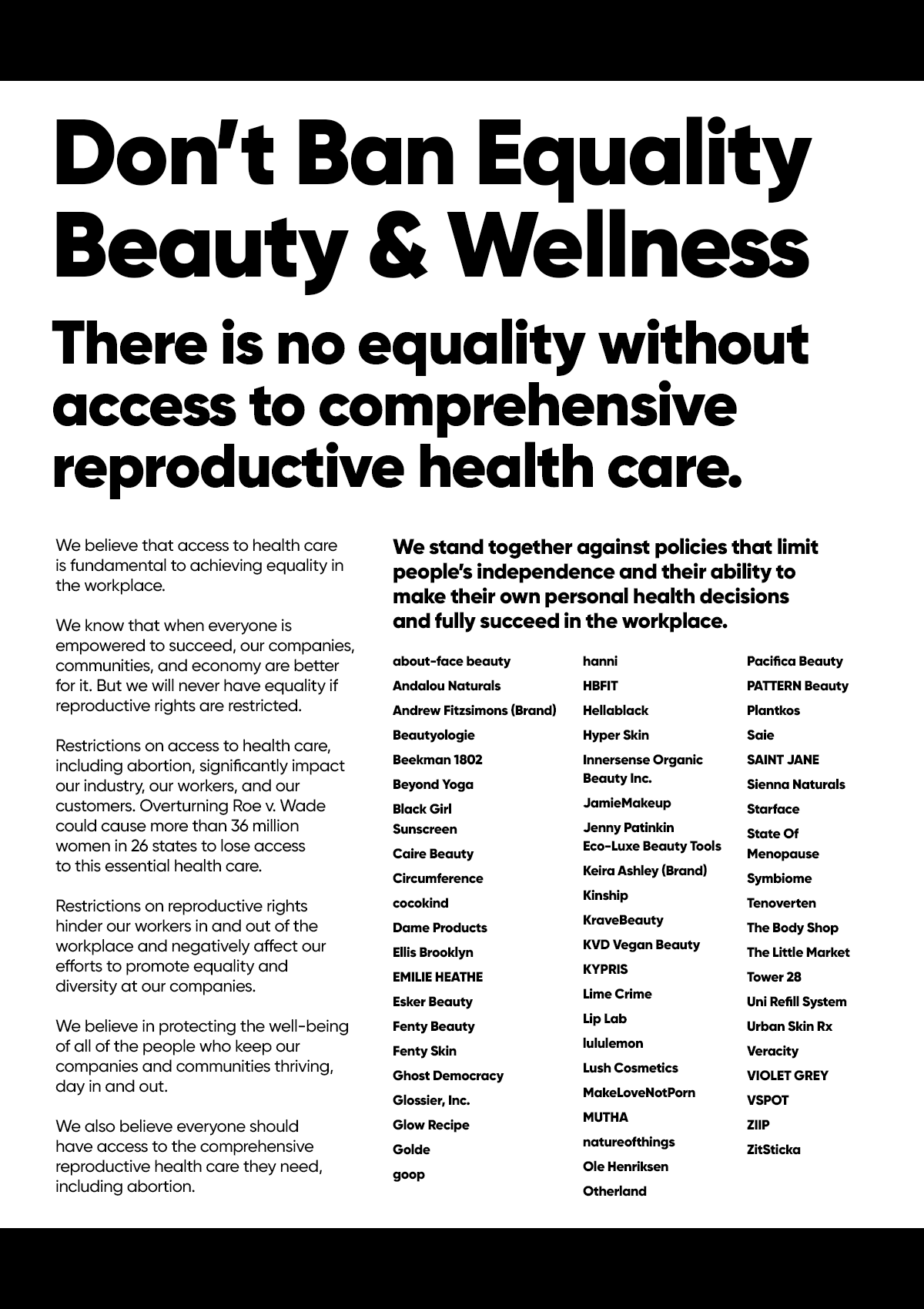 62 beauty and wellness brands join the Don’t Ban Equality coalition in support of abortion rights